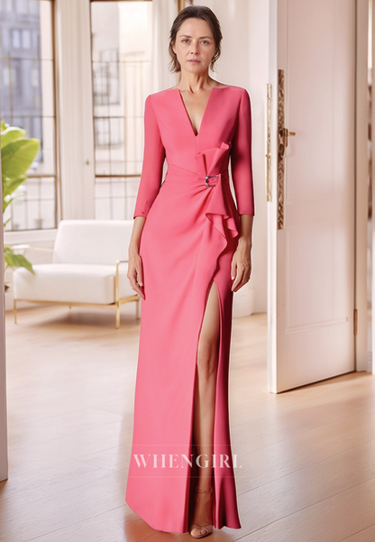Sexy V Neck 3/4 Sleeves Elegant Mother of the Bride Dress with Slit
