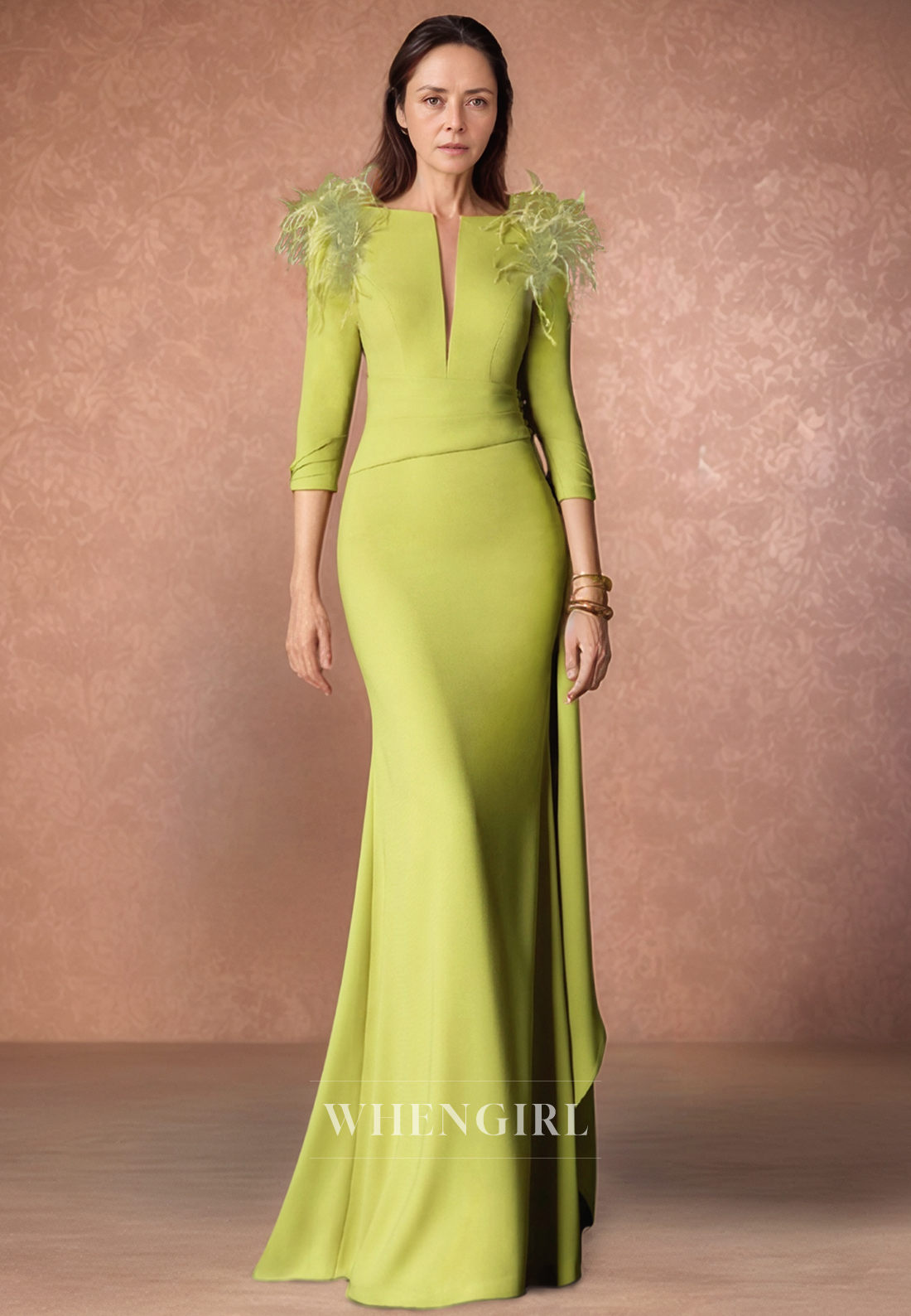 Sexy V Neck 3/4 Sleeves Column Mother of the Bride Dress with Train