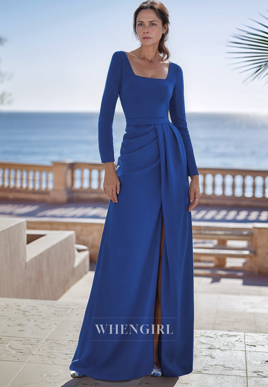 Unique Square Neckline Pleats Side Slit Elegant Mother of the Bride Dress with Long Sleeves