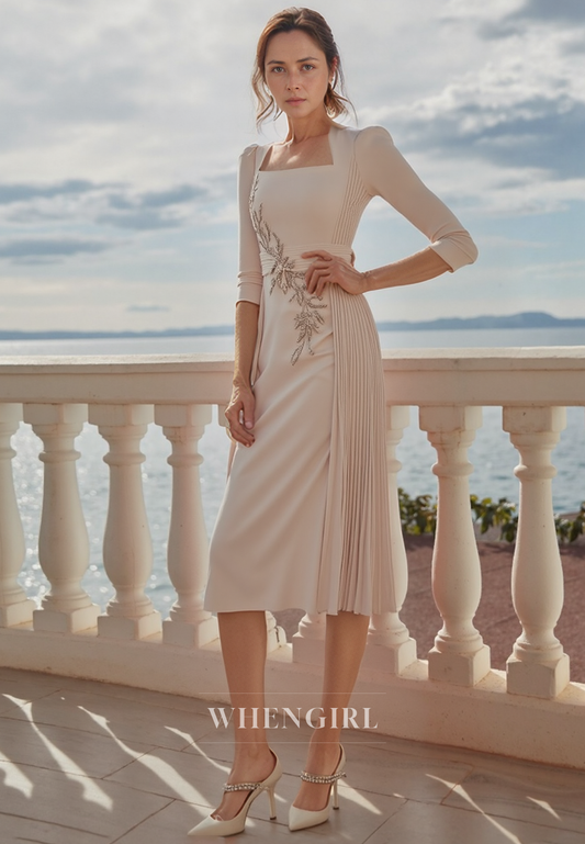 Unique Square Pleats 3/4 Sleeves Elegant Mother of the Bride Dress Cocktail Dress