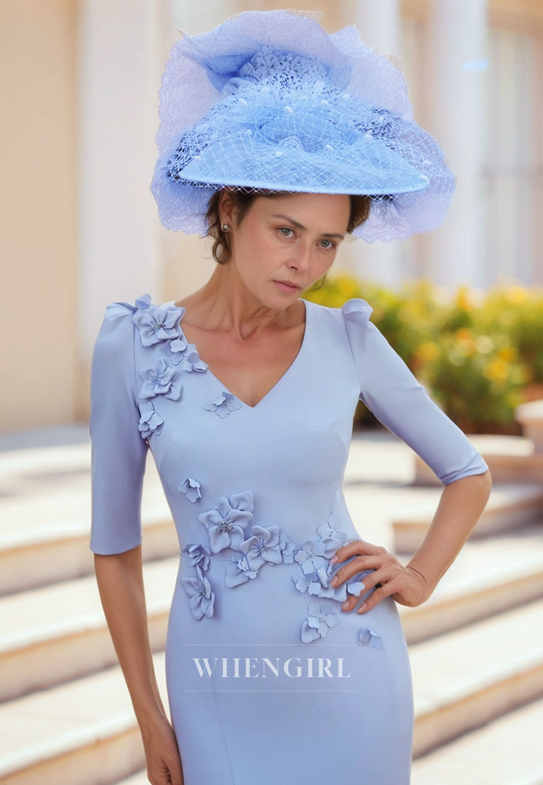 Sexy V Neck Appliques Half Sleeves Cloumn Elegant Mother of the Bride Dress