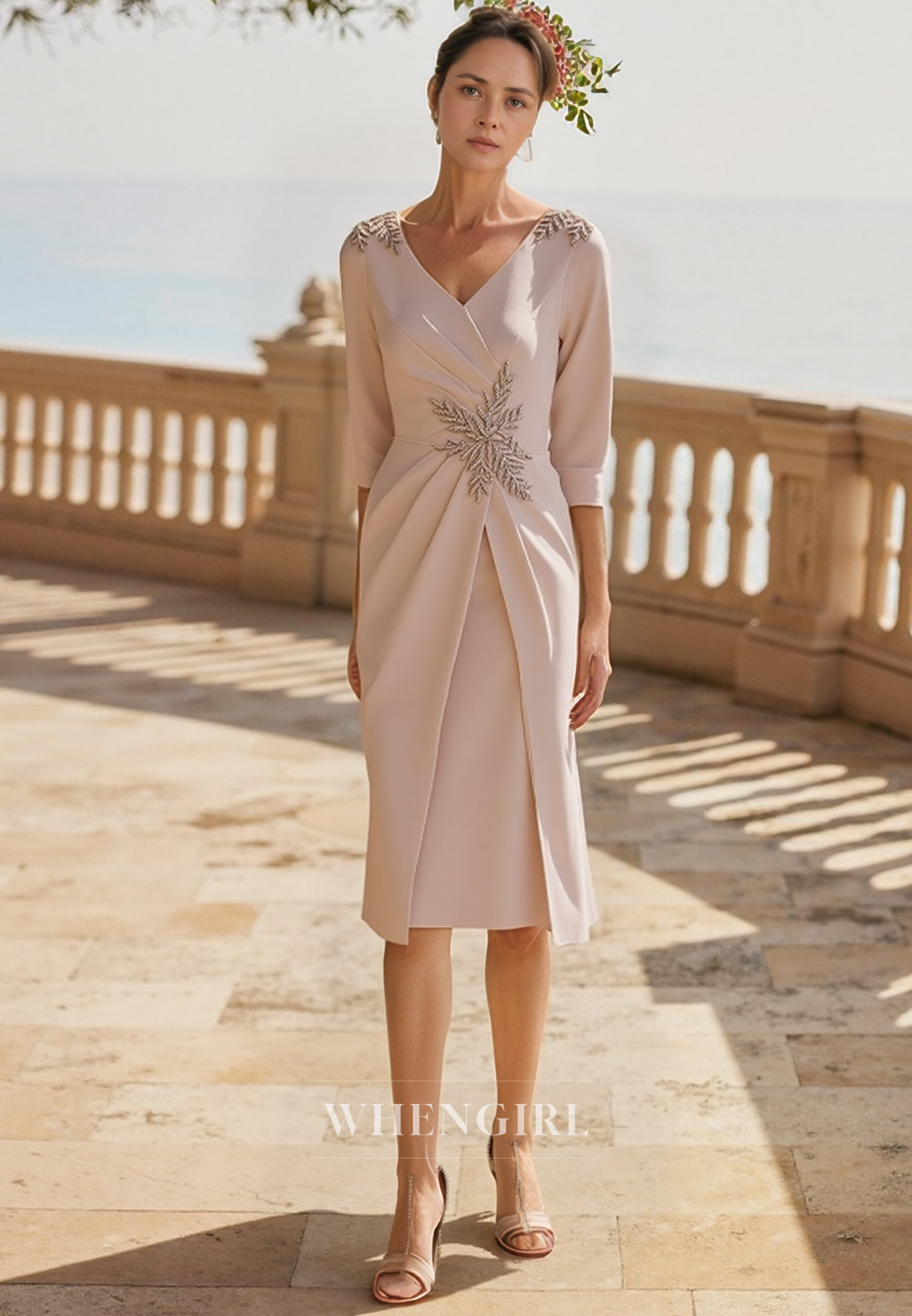 Sexy V Neck Pleats Half Sleeves Elegant Mother of the Bride Dress Knee Length