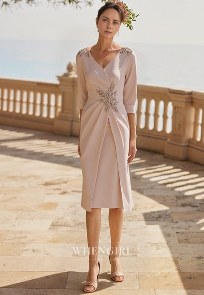 Sexy V Neck Pleats Half Sleeves Elegant Mother of the Bride Dress Knee Length