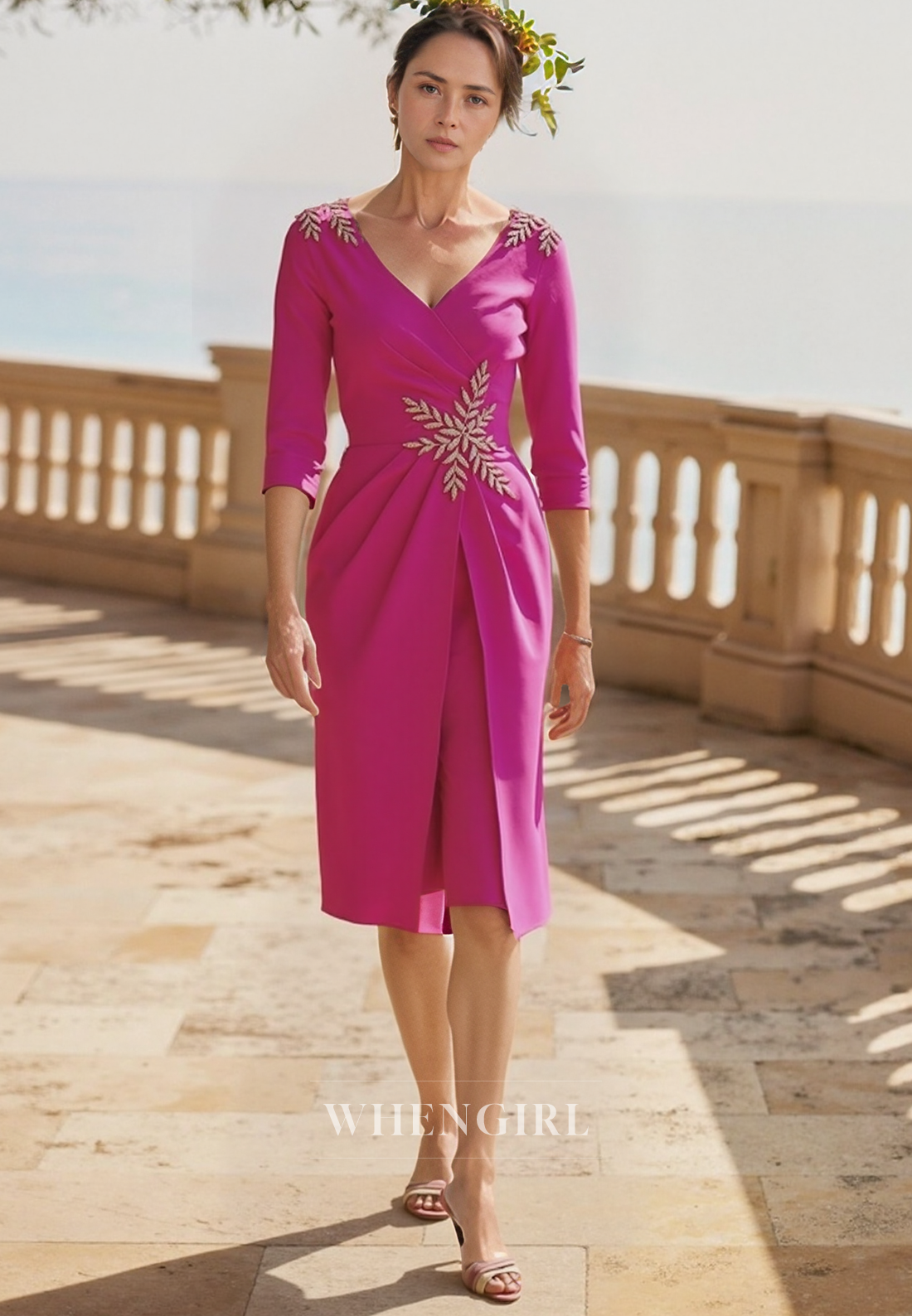 Sexy V Neck Pleats Half Sleeves Elegant Mother of the Bride Dress Knee Length
