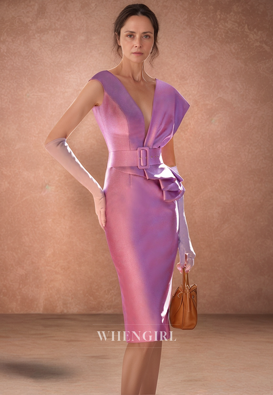 Sexy V Neck Cap Sleeves Satin Pleats Elegant Mother of the Bride Dress Short Cocktail Dress