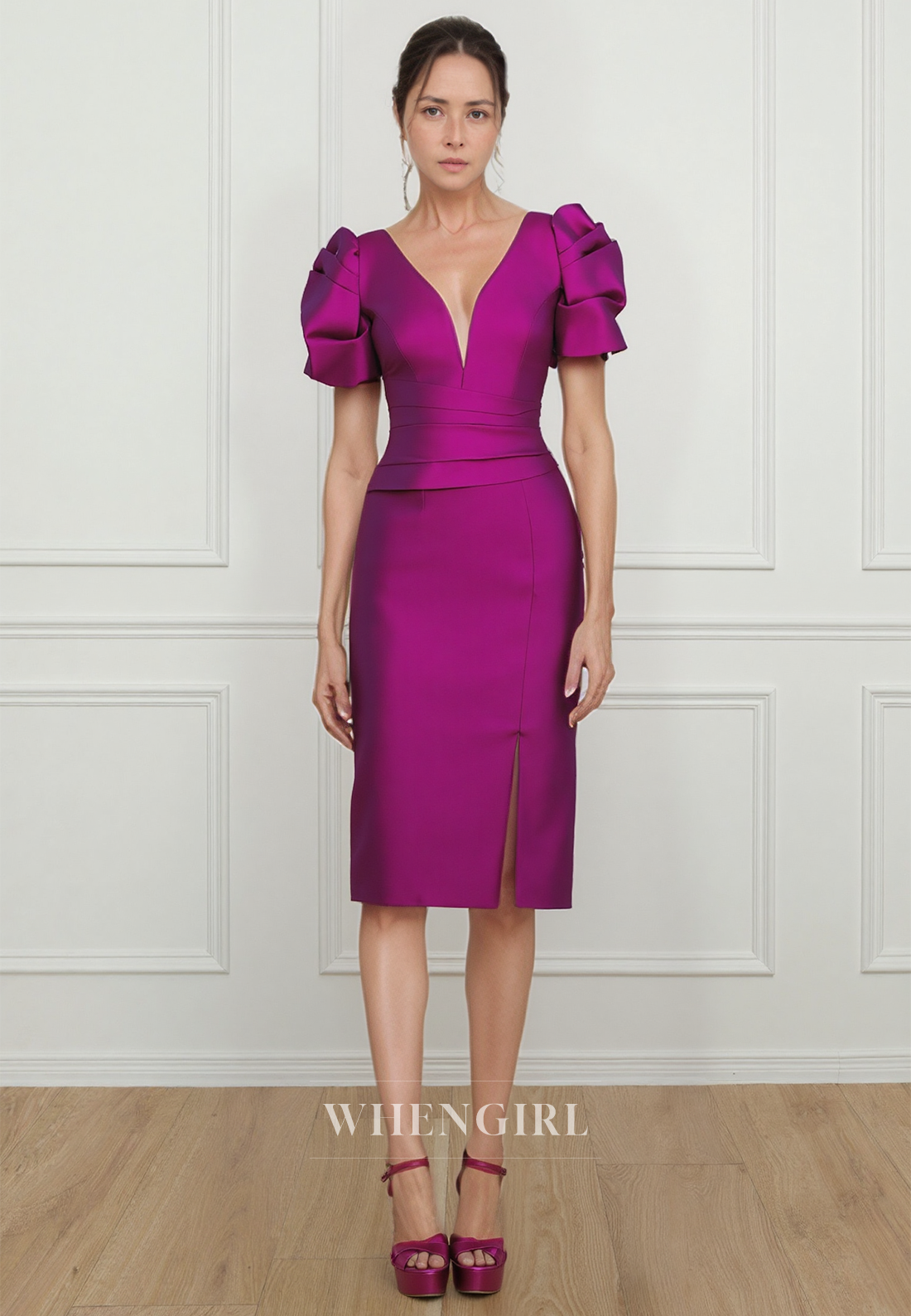 Sexy V Neck Satin Pleats Short Sleeves Short Mother of the Bride Dress –  WhenGirl