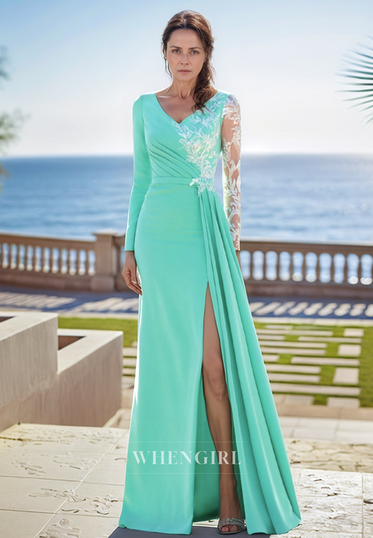 Chic Appliques V Neck Long Sleeves Column Mother of the Bride Dress with Slit