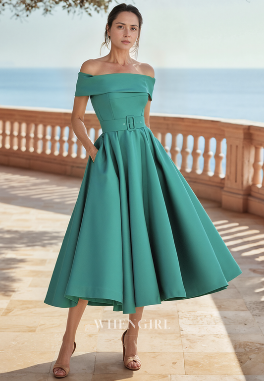 A Line Off Shoulder Green Satin Short Mother of the Bride Dress with Pockets