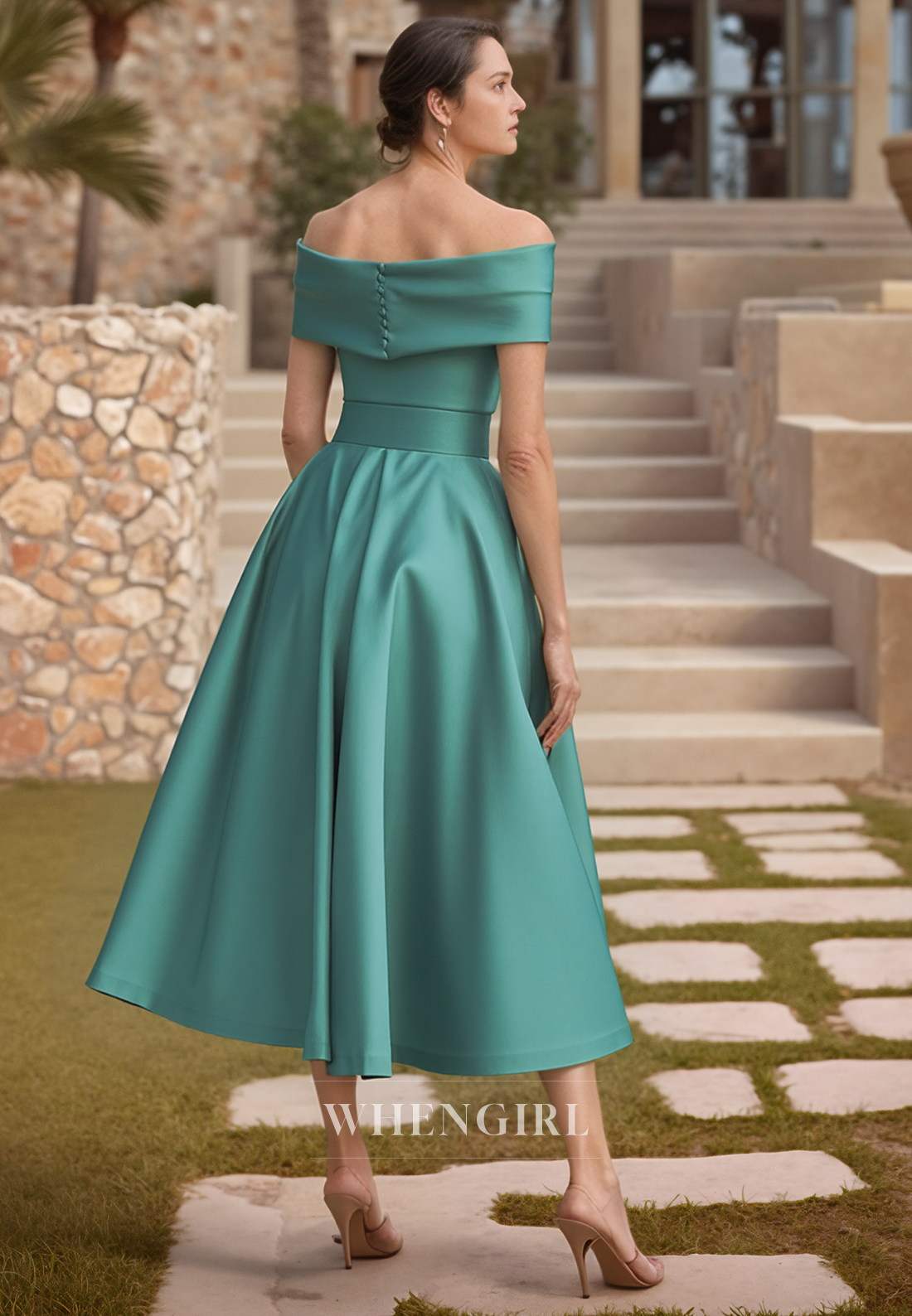 A Line Off Shoulder Green Satin Short Mother of the Bride Dress with Pockets