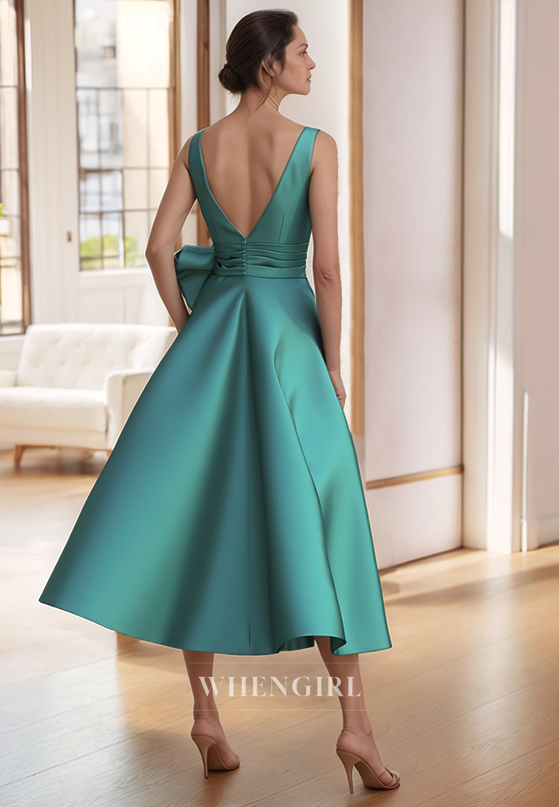 A Line Illusion V Neck Satin Short Mother of the Bride Dress with Pockets Cocktail Dress