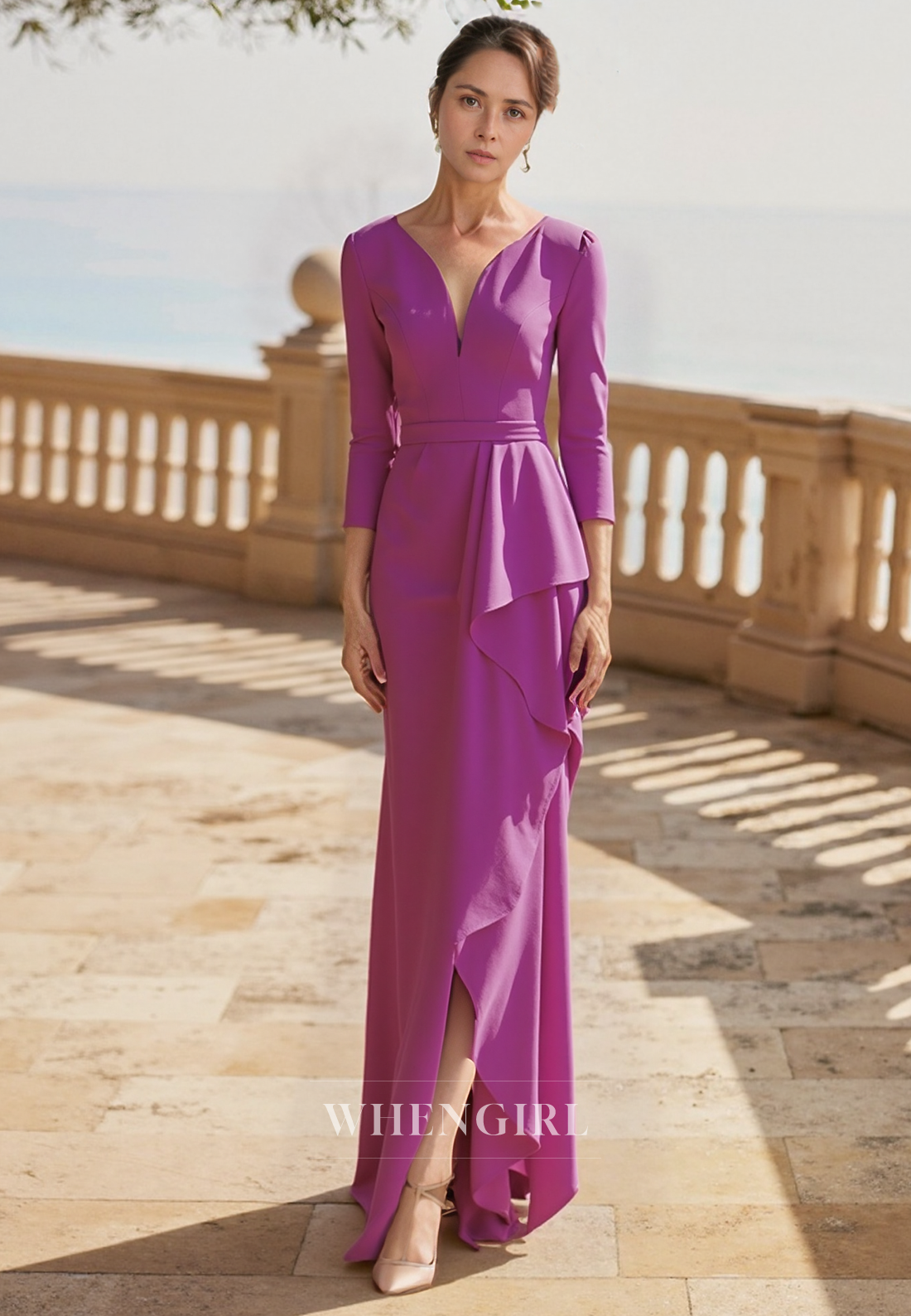 Sheath V Neck 3/4 Sleeves Elegant Long Mother of the Bride Dress with Slit