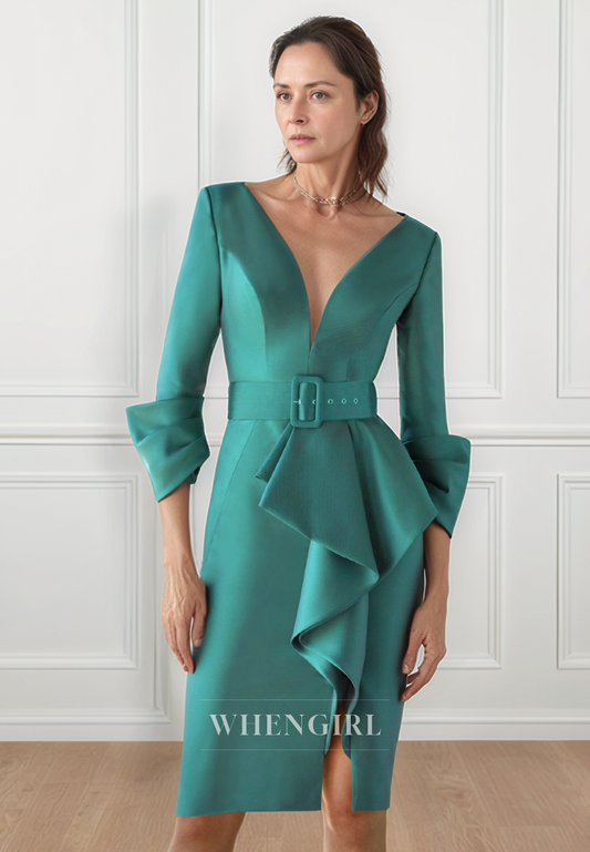 Sexy V Neck Green Satin 3/4 Sleeves Short Mother of the Bride Dress Cocktail Dress