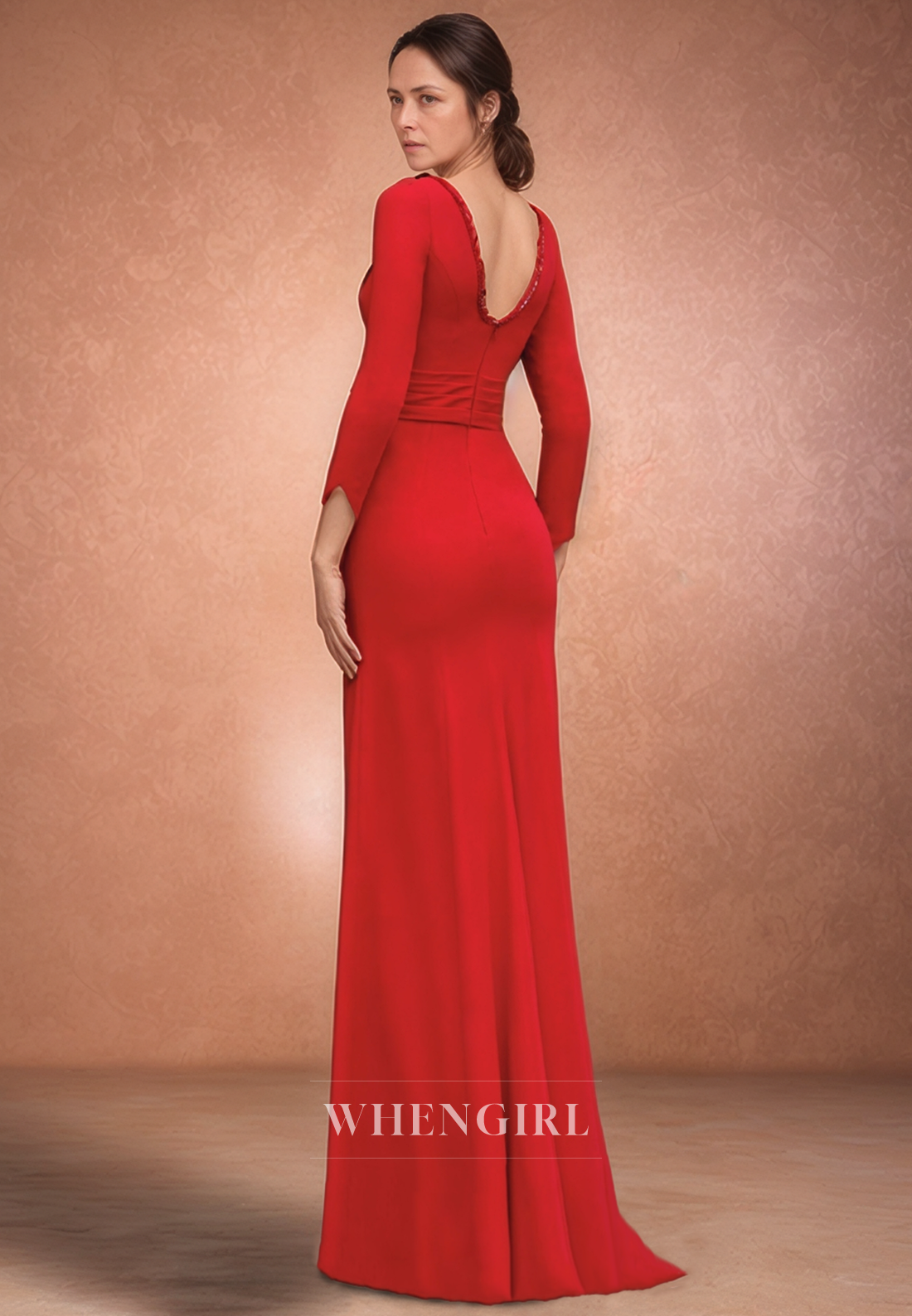 Column Scoop 3/4 Sleeves Red Elegant Long Mother of the Bride Dress