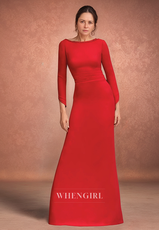 Column Scoop 3/4 Sleeves Red Elegant Long Mother of the Bride Dress