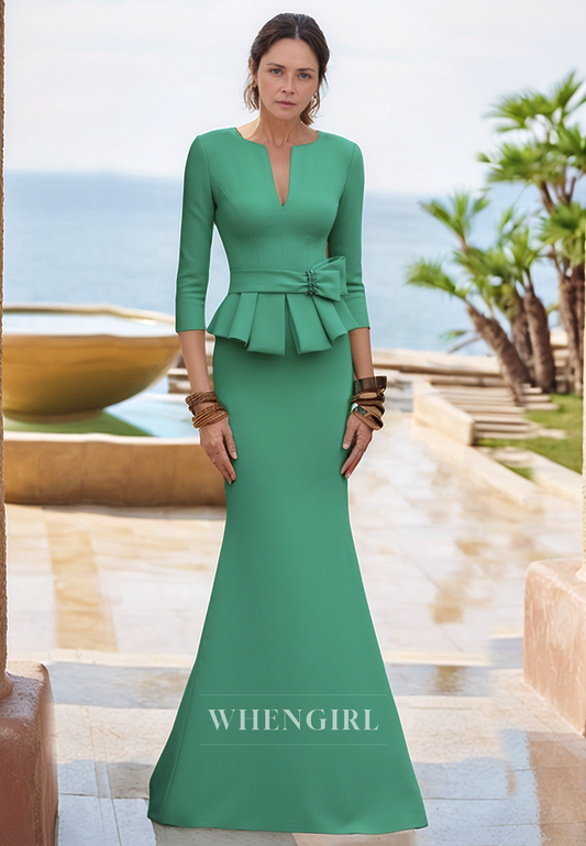 Illusion V Neck 3/4 Sleeves Mermaid Elegant Mother of the Bride Dress