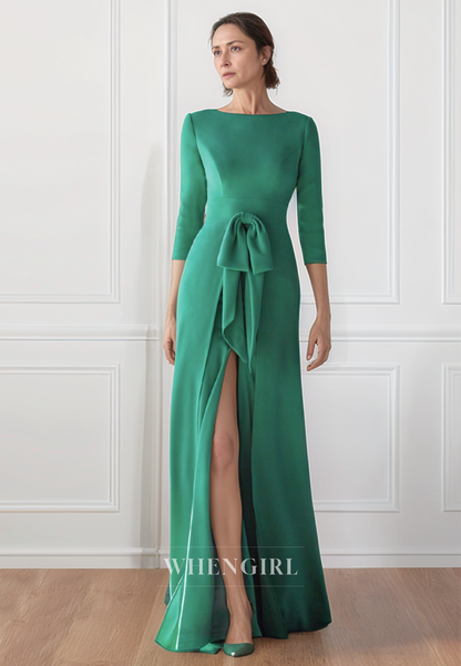 Sheath Bateau 3/4 Sleeves Split Elegant Long Mother of the Bride Dress
