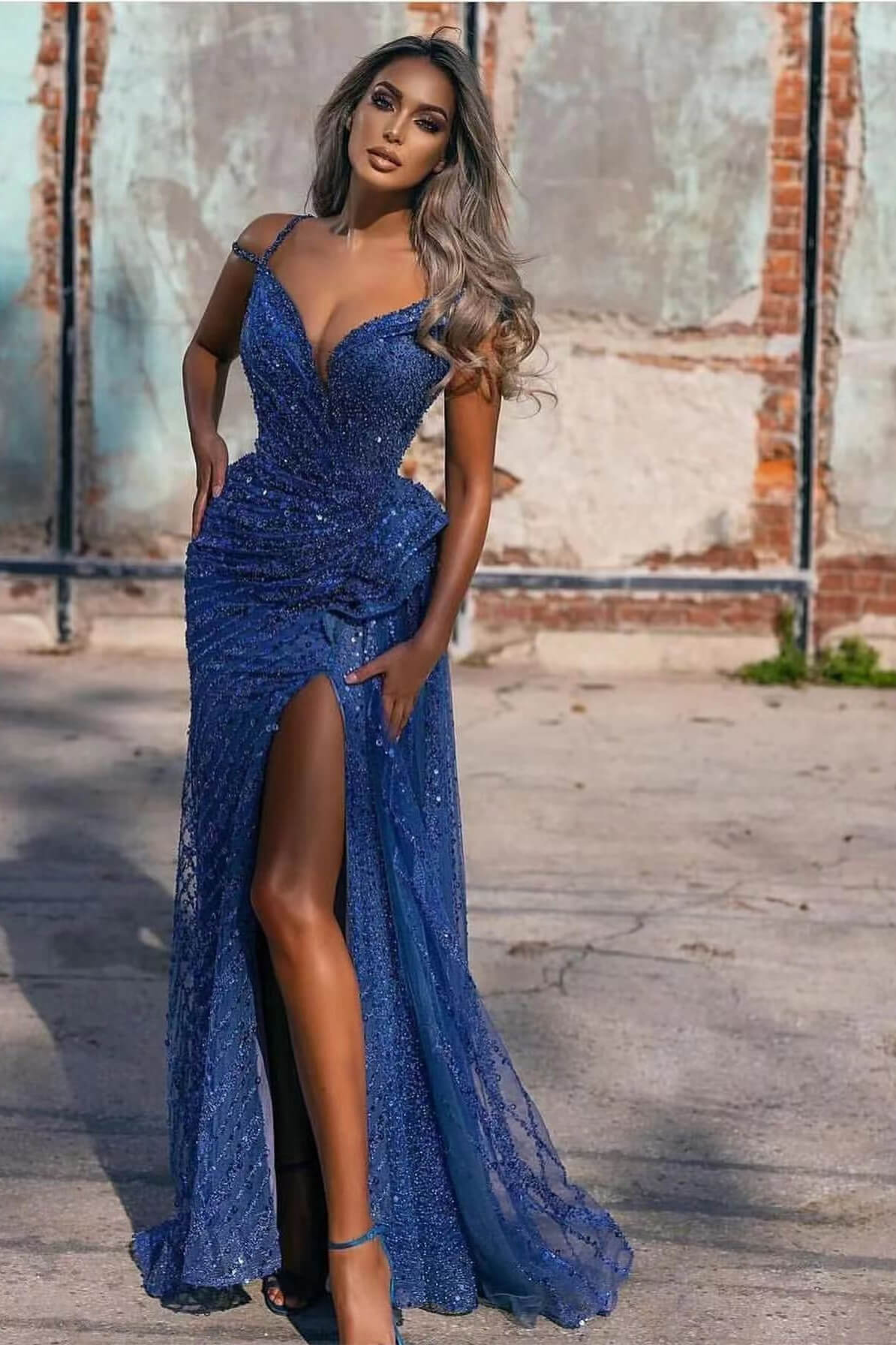 Royal Blue Off the Shoulder Sleeveless Evening Dress Mermaid Sequins With Split