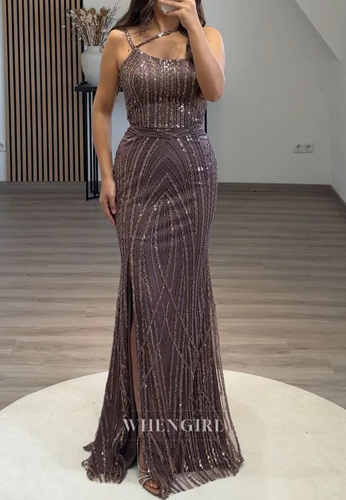 Asymmetrical Neck Sleeveless Side Slit Beaded Sheath Evening Formal Dress