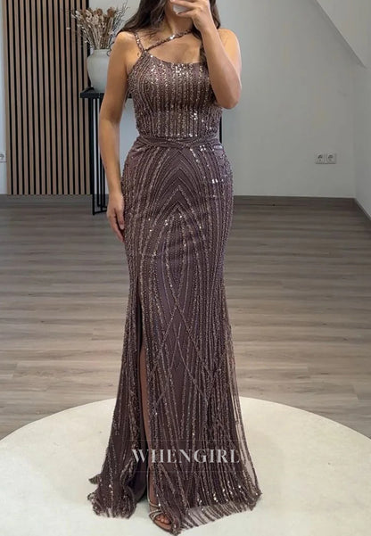 Asymmetrical Neck Sleeveless Side Slit Beaded Sheath Evening Formal Dress
