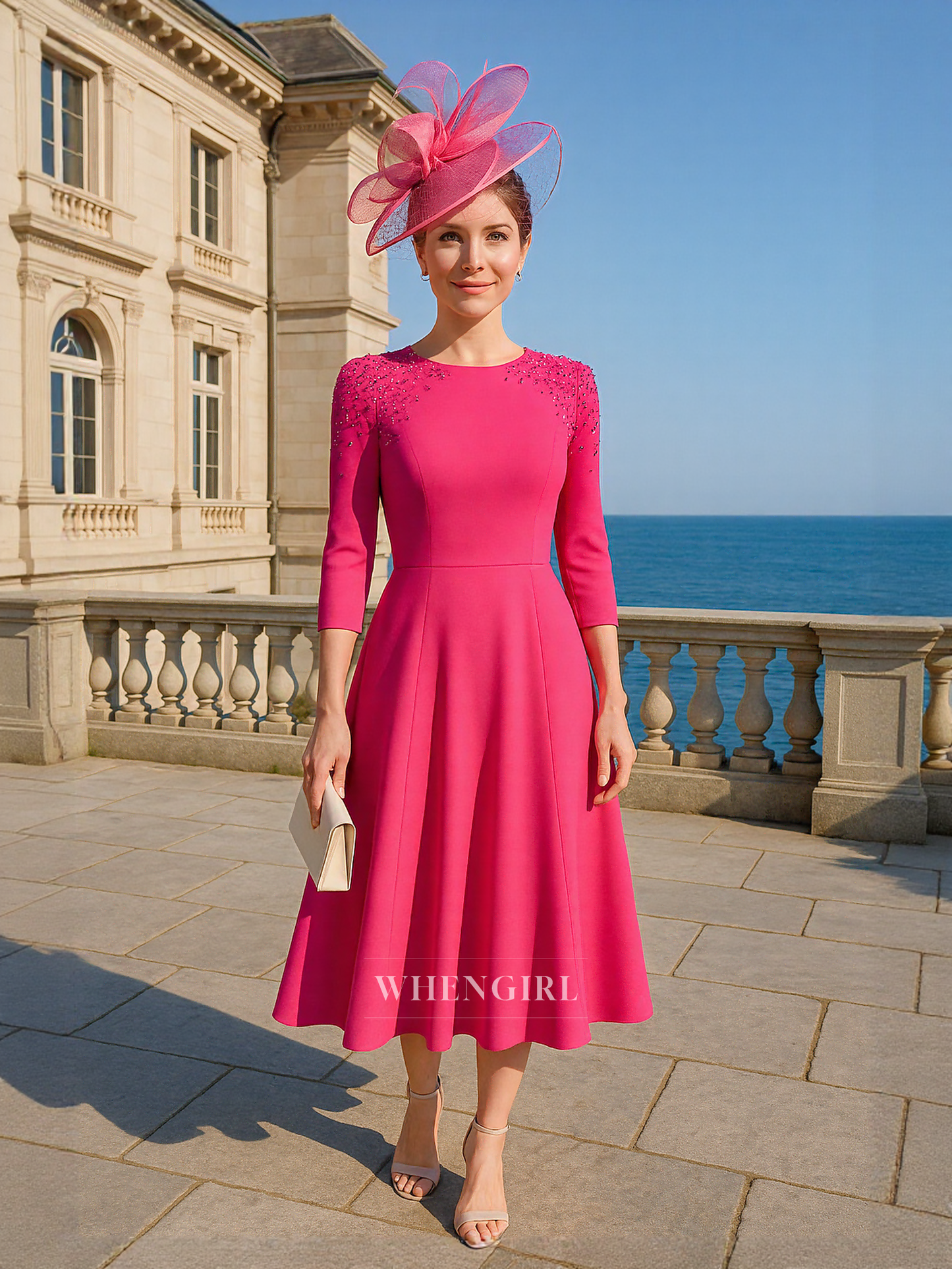A Line Bateau Beads 3/4 Sleeves Elegant Short Mother of the Bride Dress