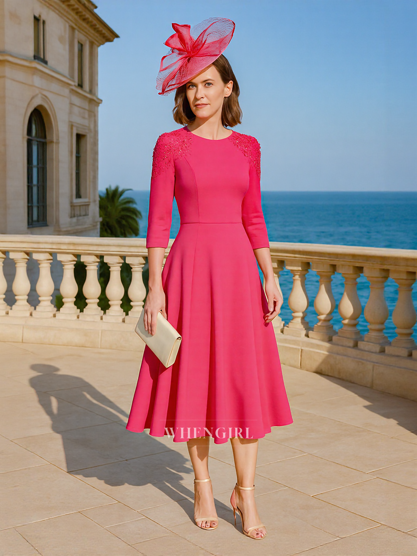 A Line Bateau Beads 3/4 Sleeves Elegant Short Mother of the Bride Dress