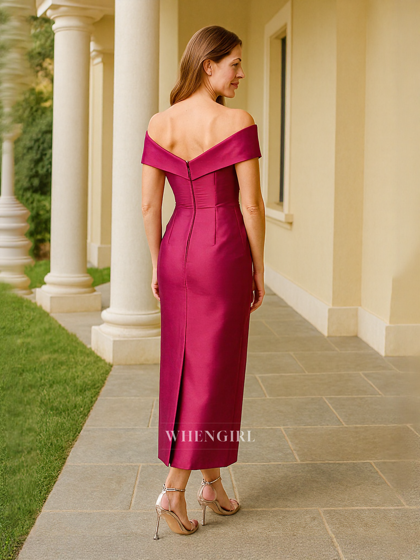 Off Shoulder Satin Pleats Column Elegant Short Mother of the Bride Dress