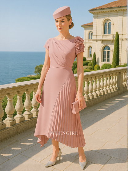 Chic Scoop Flowers Short Sleeves Elegant Short Mother of the Bride Dress