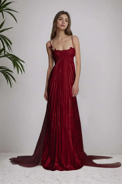 Stain Spaghetti Strap Sleeveless Long Prom Dress With Appliques