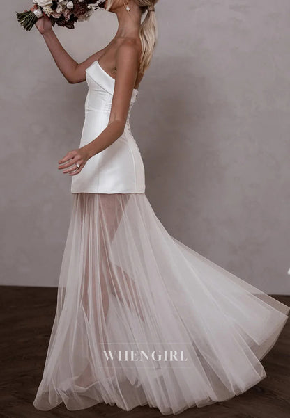 Sheath Tube Top Strapless Detachable Long Sleeves Lace Hem Floor Length Wedding Dress