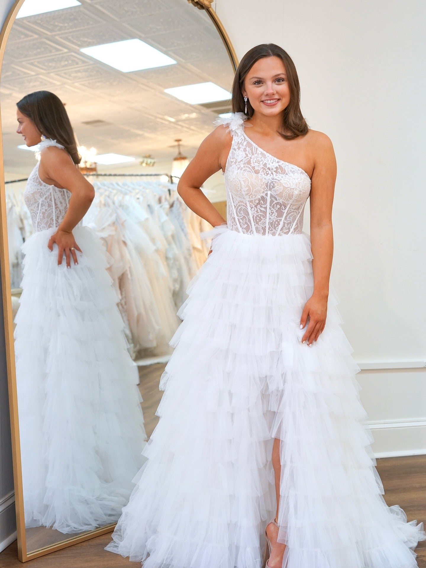 Women's One Shoulder Tulle Ruffled Prom Dresses Corset Lace Evening Party Gowns