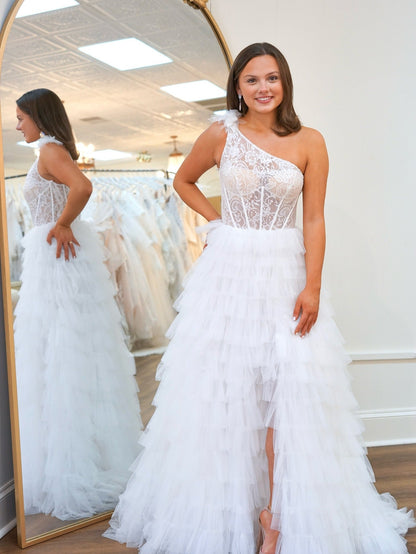Women's One Shoulder Tulle Ruffled Prom Dresses Corset Lace Evening Party Gowns