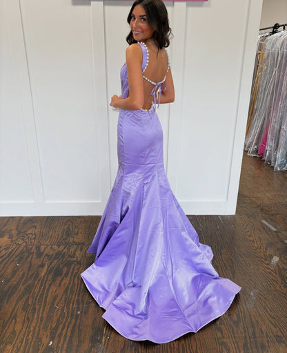 Mermaid Satin Crystal Beaded Prom Dresses Long Sleeveless Formal Dress