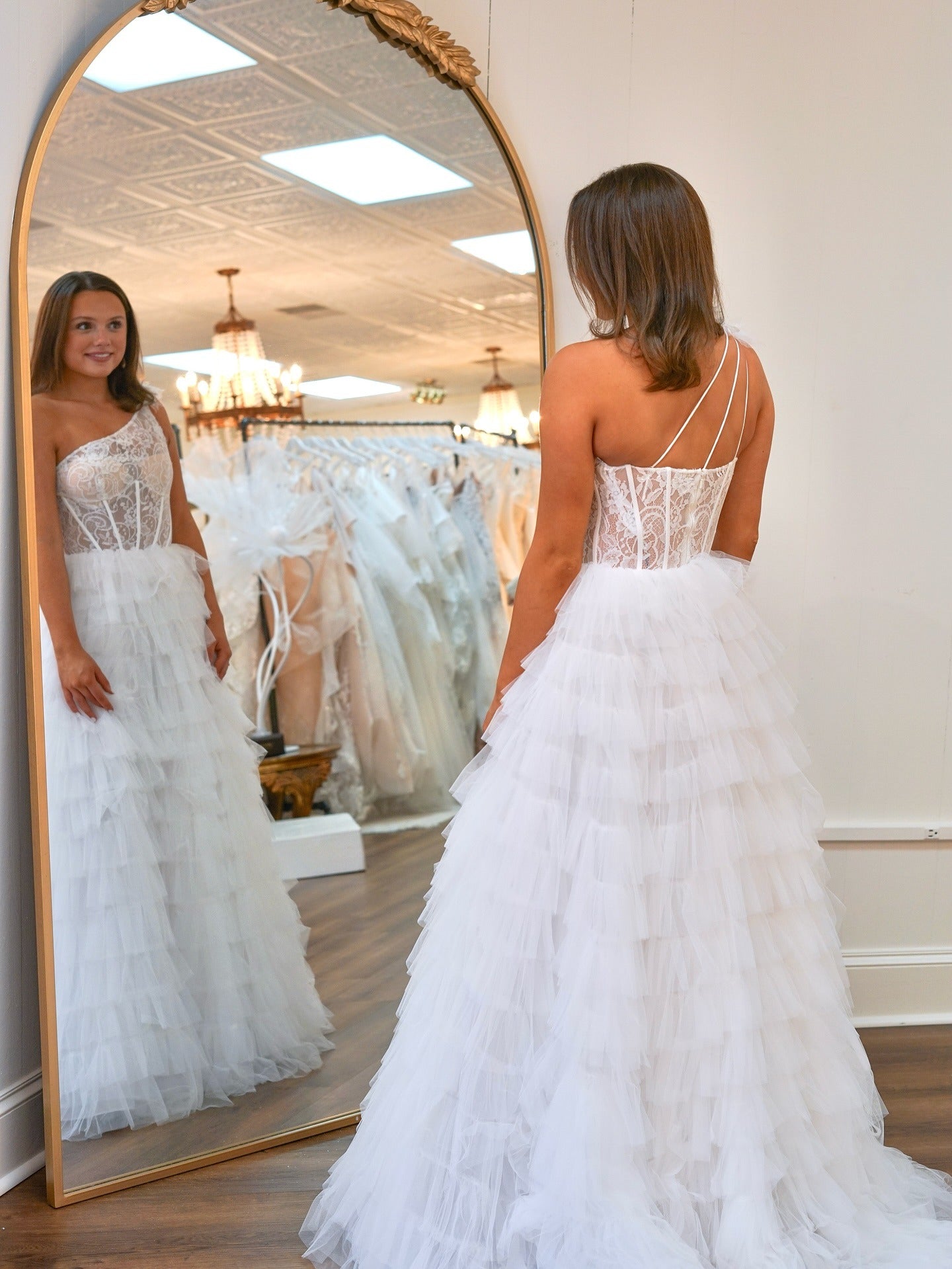 Women's One Shoulder Tulle Ruffled Prom Dresses Corset Lace Evening Party Gowns