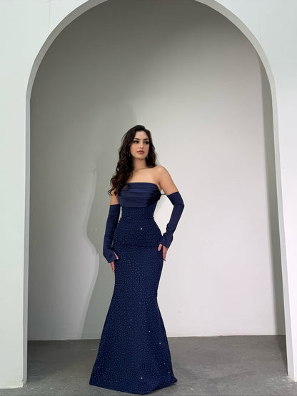 Pleated Elegant Straight Across Dark Navy Mermaid Prom Dress With Gloves