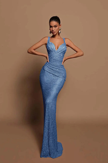 Sexy Pink Long Sequins Prom Dress V Neck Mermaid Sleeveless