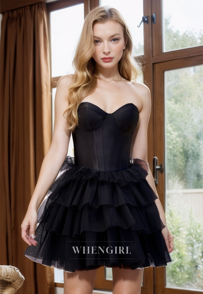 A-Line Strapless Sleeveless Tulle Tiered Back Zipper Black Homecoming Dress