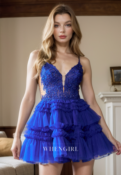 A-Line V Neck Straps Sleeveless Appliques Tulle Tiered Lace Up Homecoming Dress