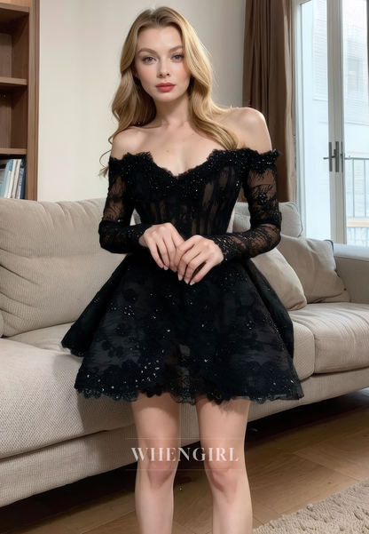 A-Line Off Shoulder Black Lace Long Sleeves Short Homecoming Dress