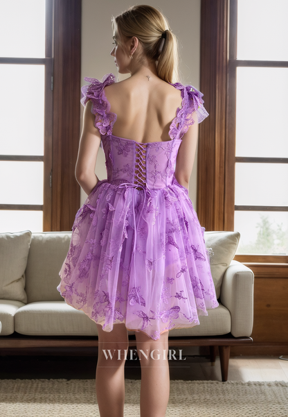 A-Line Strapless Straps Sleeveless 3D Butterfly Tulle Homecoming Dress