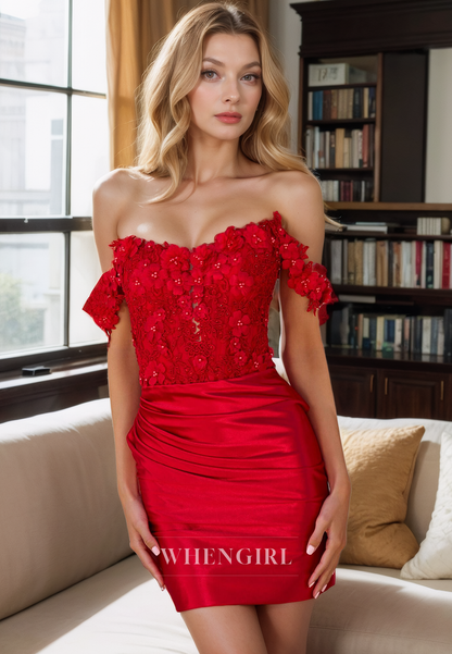 Sheath Off Shoulder Strapless Sleeveless Back Zipper Appliques Red Homecoming Dress