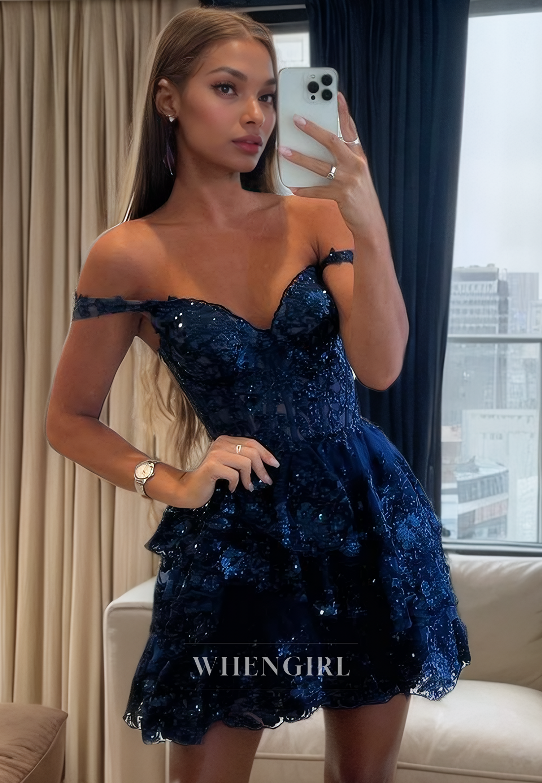 A-Line Off Shoulder Dark Navy Sequines Lace Appliques Tiered Hmecoming Dress