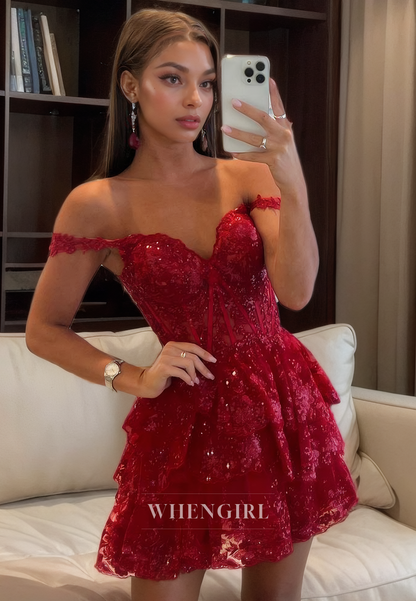 A-Line Off SHoulder Red Sequines Lace Appliques Tiered Hmecoming Dress