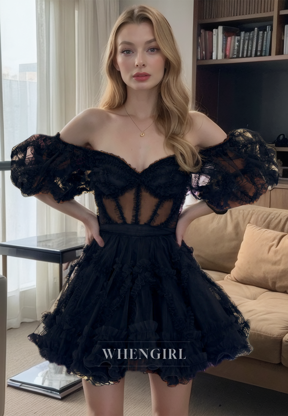 A-Line Off Shoulder Half Sleeves Illsion Back Zipper Tulle Tiered Homecoming Dress