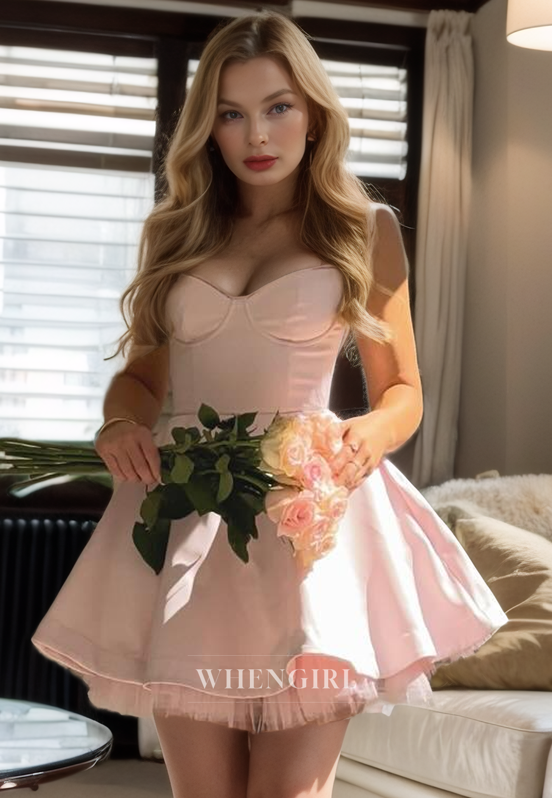 A-Line Strapless Sleeveless Pink Satin Tulle Tiered Short Homecoming Dress