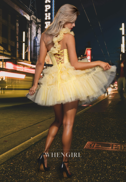 A-Line Strapless Straps Sleeveless Tulle Tiered Pleated Lace Up Homecoming Dress