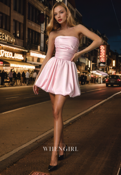 A-Line Strapless Sleeveless Pleated Ruched Short Homecoming Dress