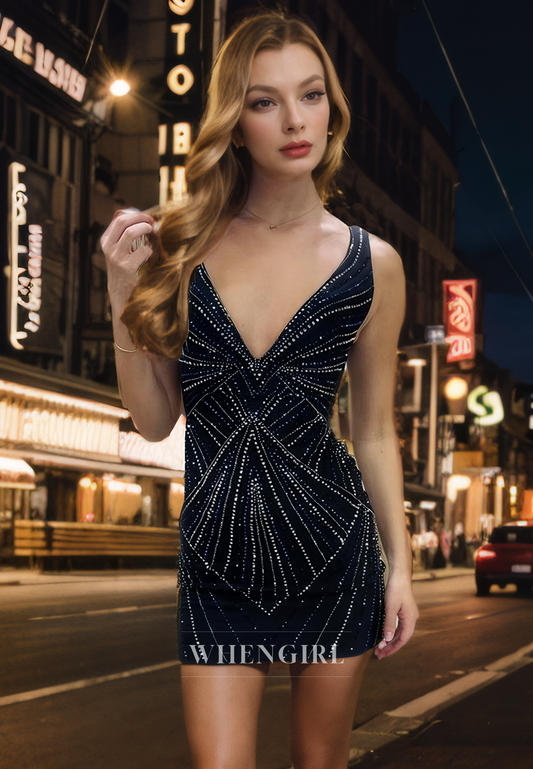 Sheath V Neck Straps Sleeveless Fully Beaded Homecoming Party Dress
