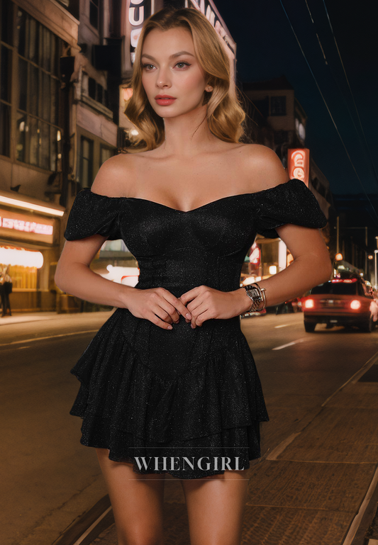 Sparkle A-Line Off Shoulder Sleeveless Tiered Short Homecoming Dress