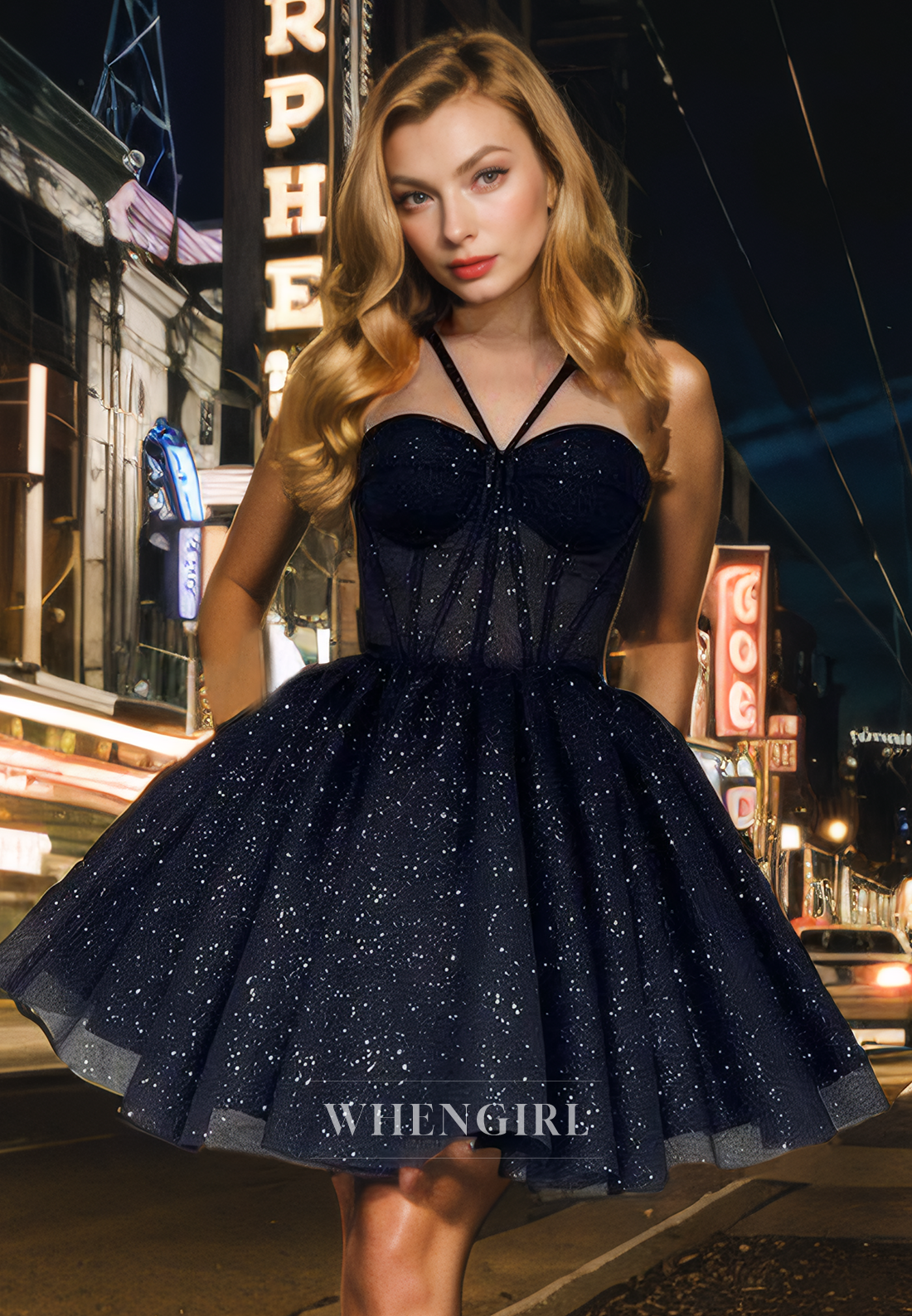 Glitter A-Line Strapless Halter Lace Up Knee Length Homecoming Dress