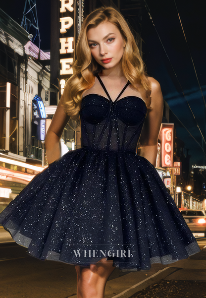 Glitter A-Line Strapless Halter Lace Up Knee Length Homecoming Dress